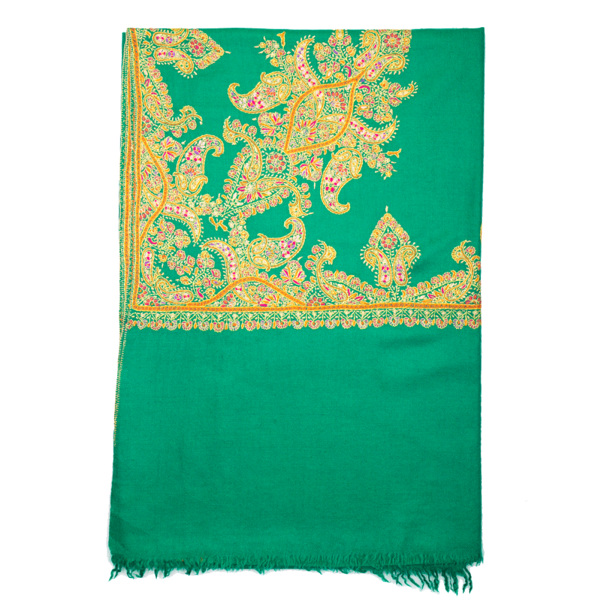 Embroidered Pashmina Shawl - Emerald Green & Yellow