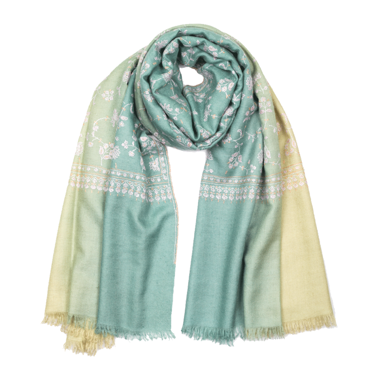 Embroidered Pashmina Stole - Duo Colour Pastel Water & Sage