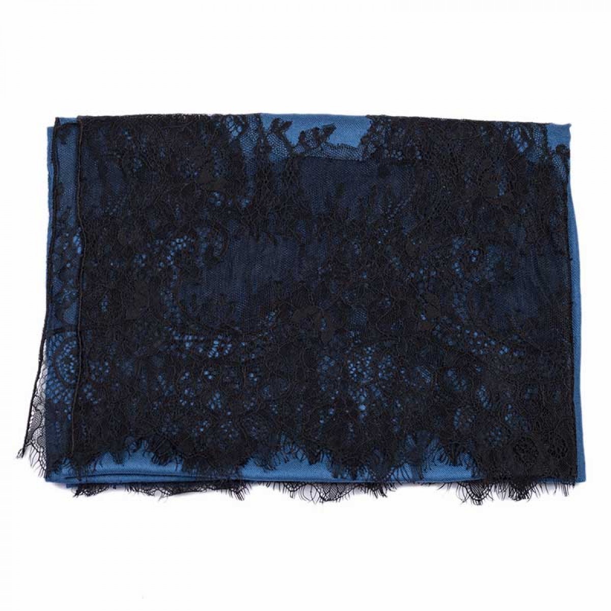 Lace Twill Pashmina Scarf Two Sides Flower - Midnight Blue