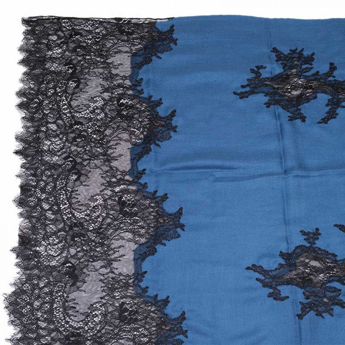 Lace Twill Pashmina Scarf Two Sides Flower - Midnight Blue