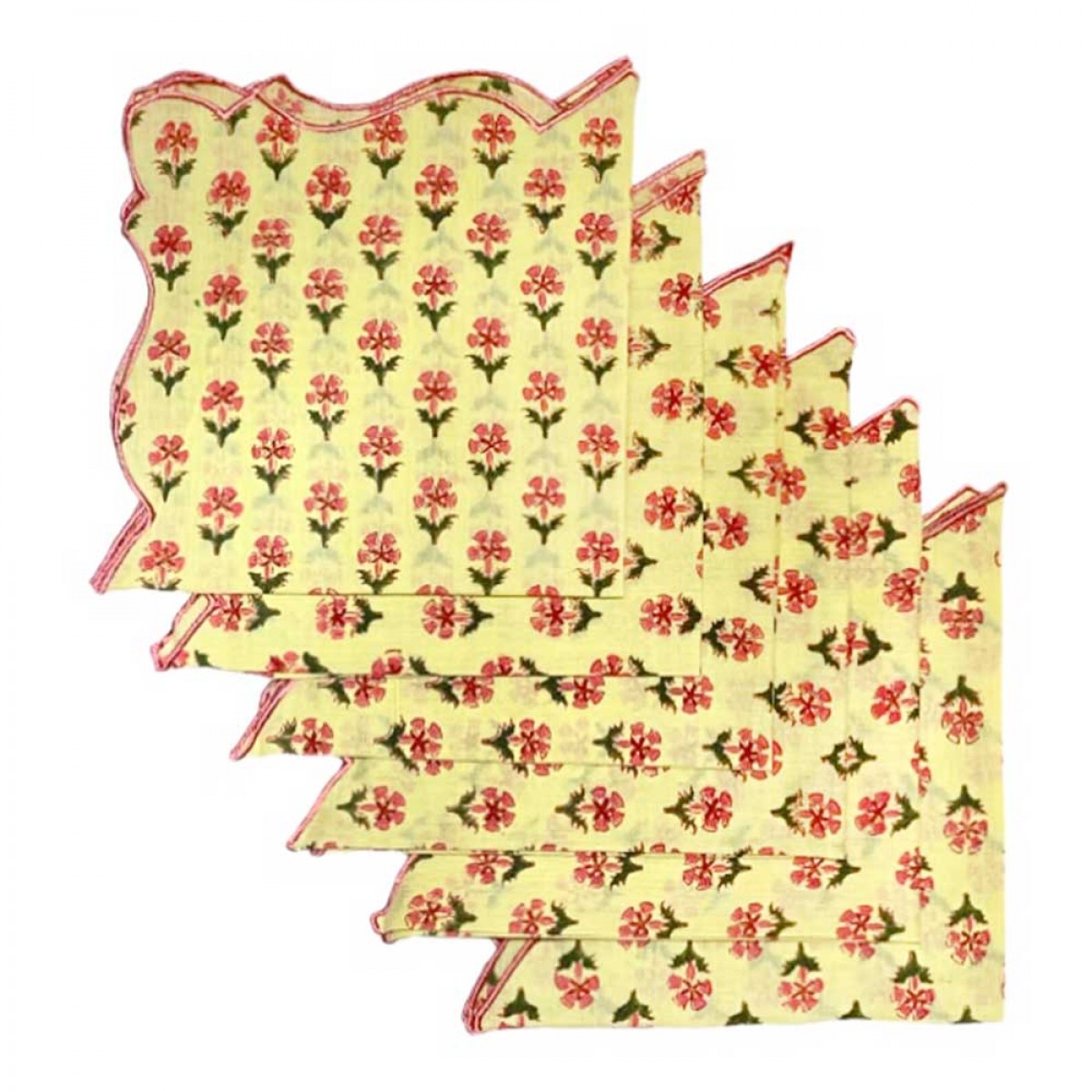 Cotton Scallop Embroidered Printed Napkin - Yellow (Set of 6)