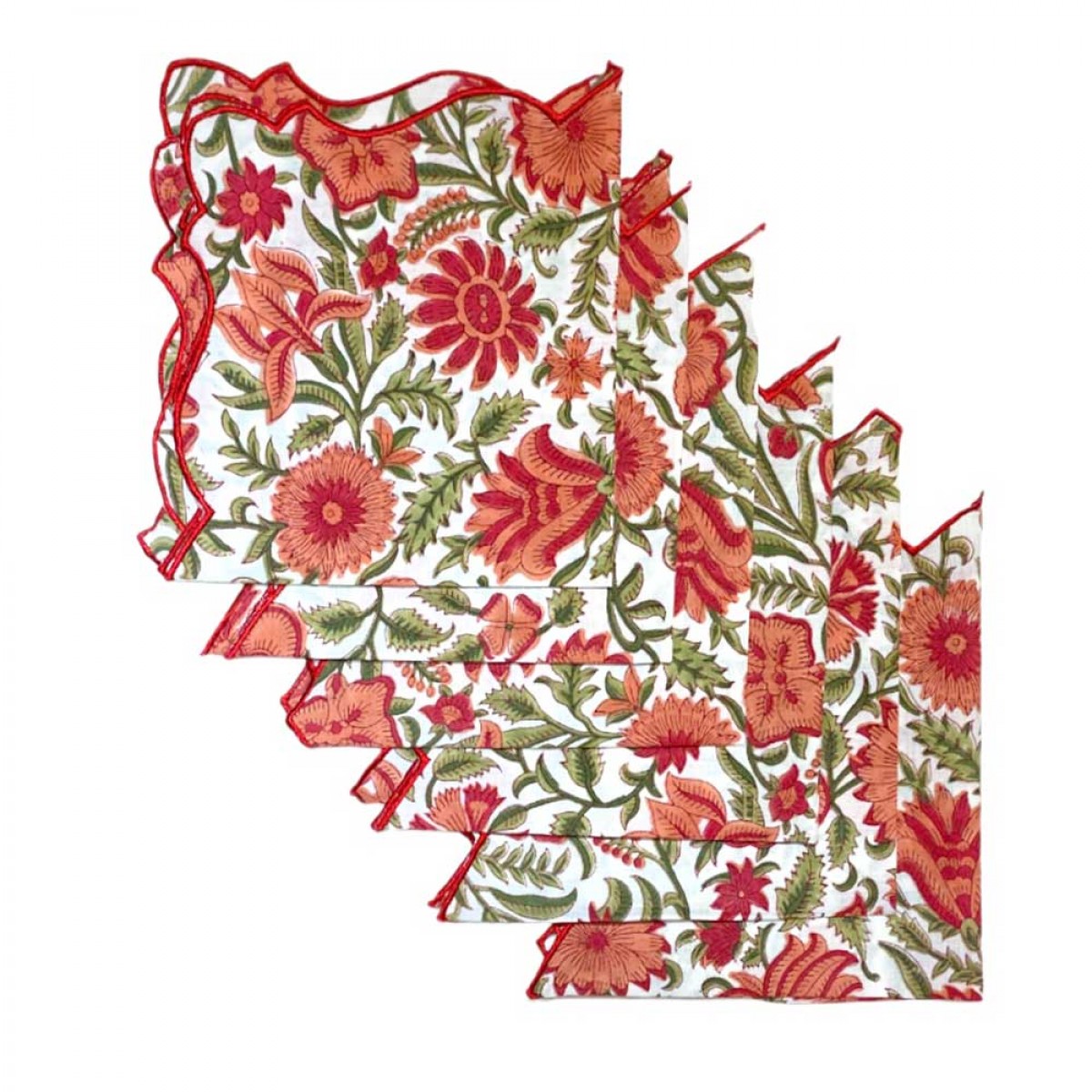 Cotton Scallop Embroidered Printed Napkin - Red Flowers (Set of 6)