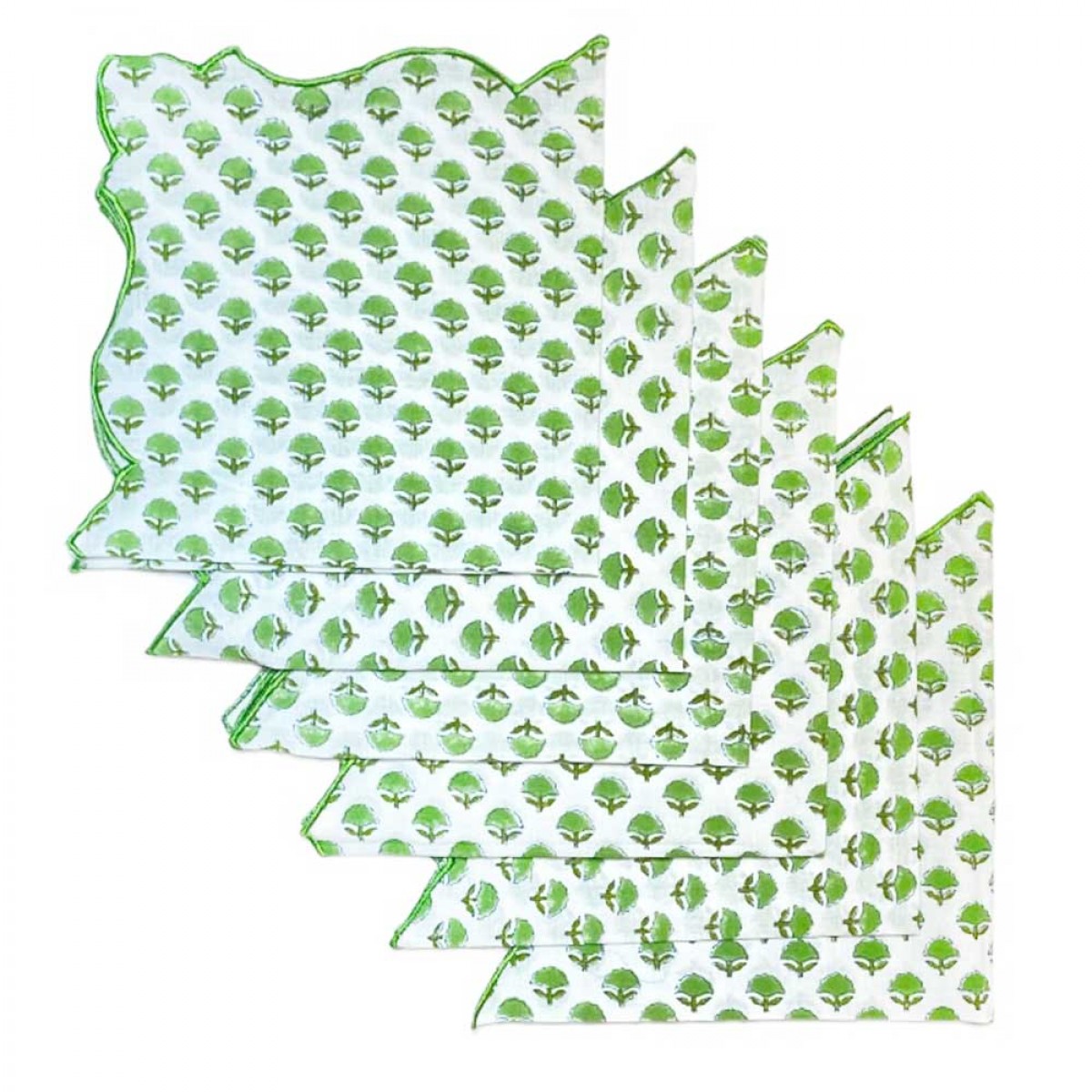 Cotton Scallop Embroidered Printed Napkin - Green (Set of 6)