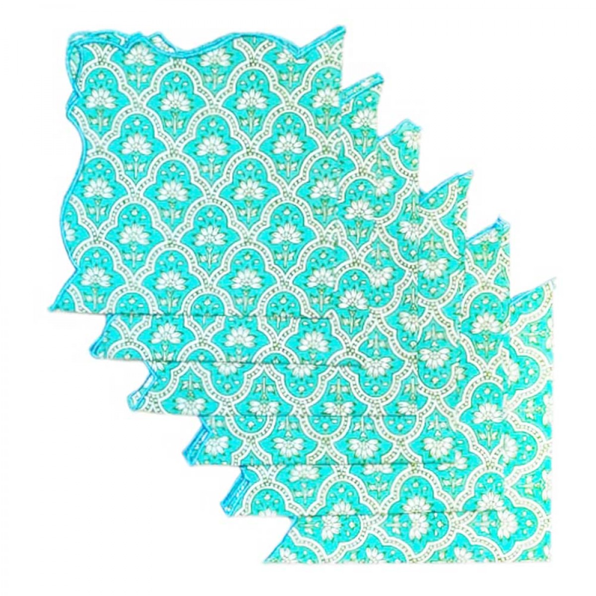 Cotton Scallop Embroidered Printed Napkin - Turquoise (Set of 6)