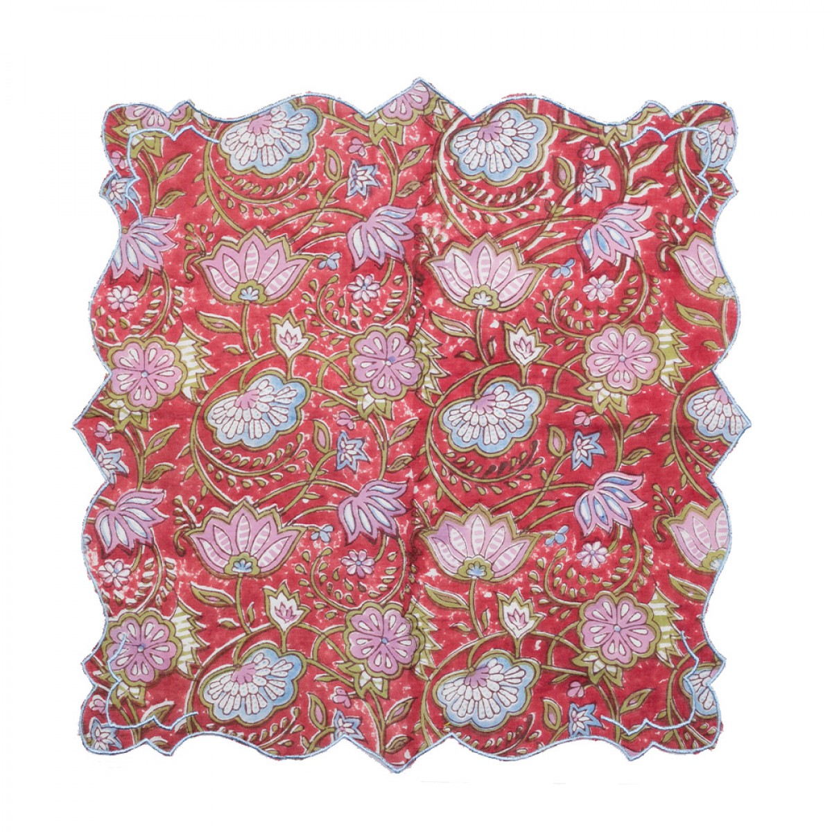 Cotton Scallop Embroidered Printed Napkin - Red (Set of 6)