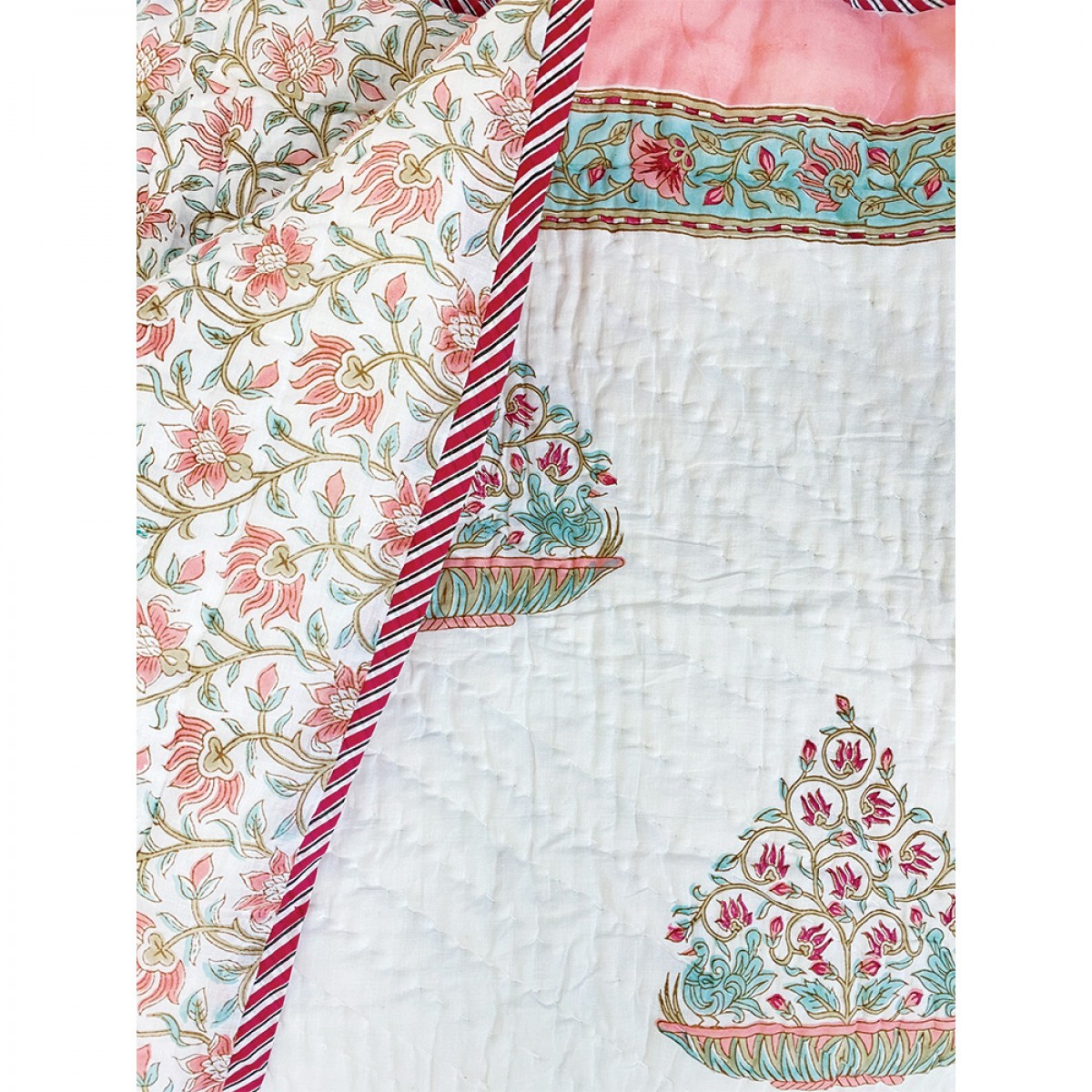 100% Cotton Hand Block Printed Queen Size Quilts - Coral Blossom