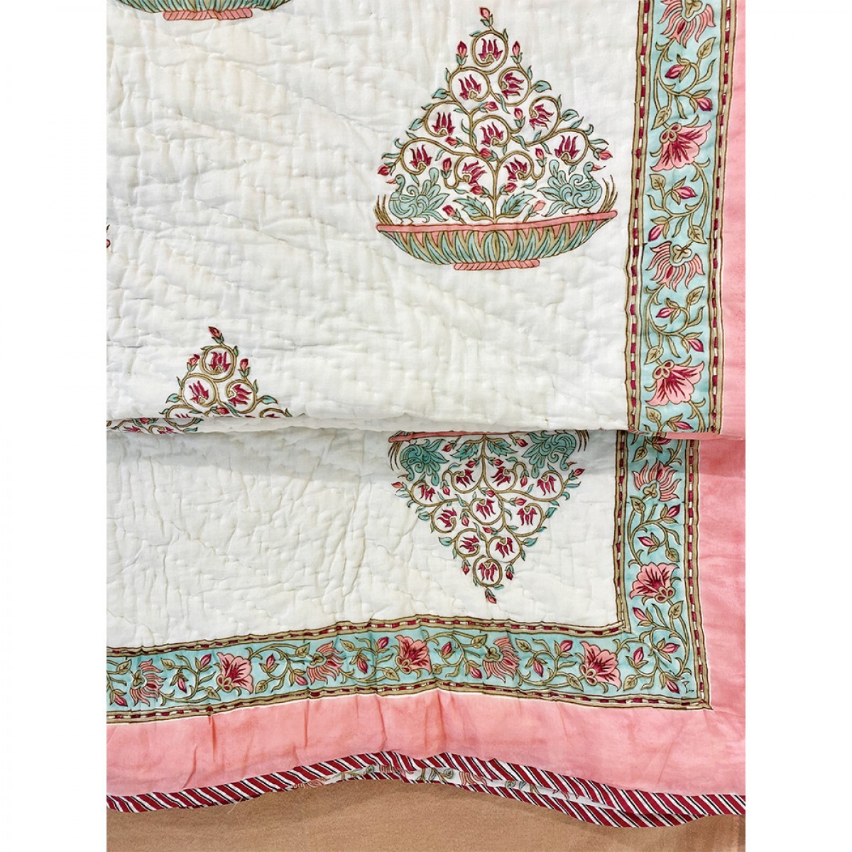100% Cotton Hand Block Printed Queen Size Quilts - Coral Blossom