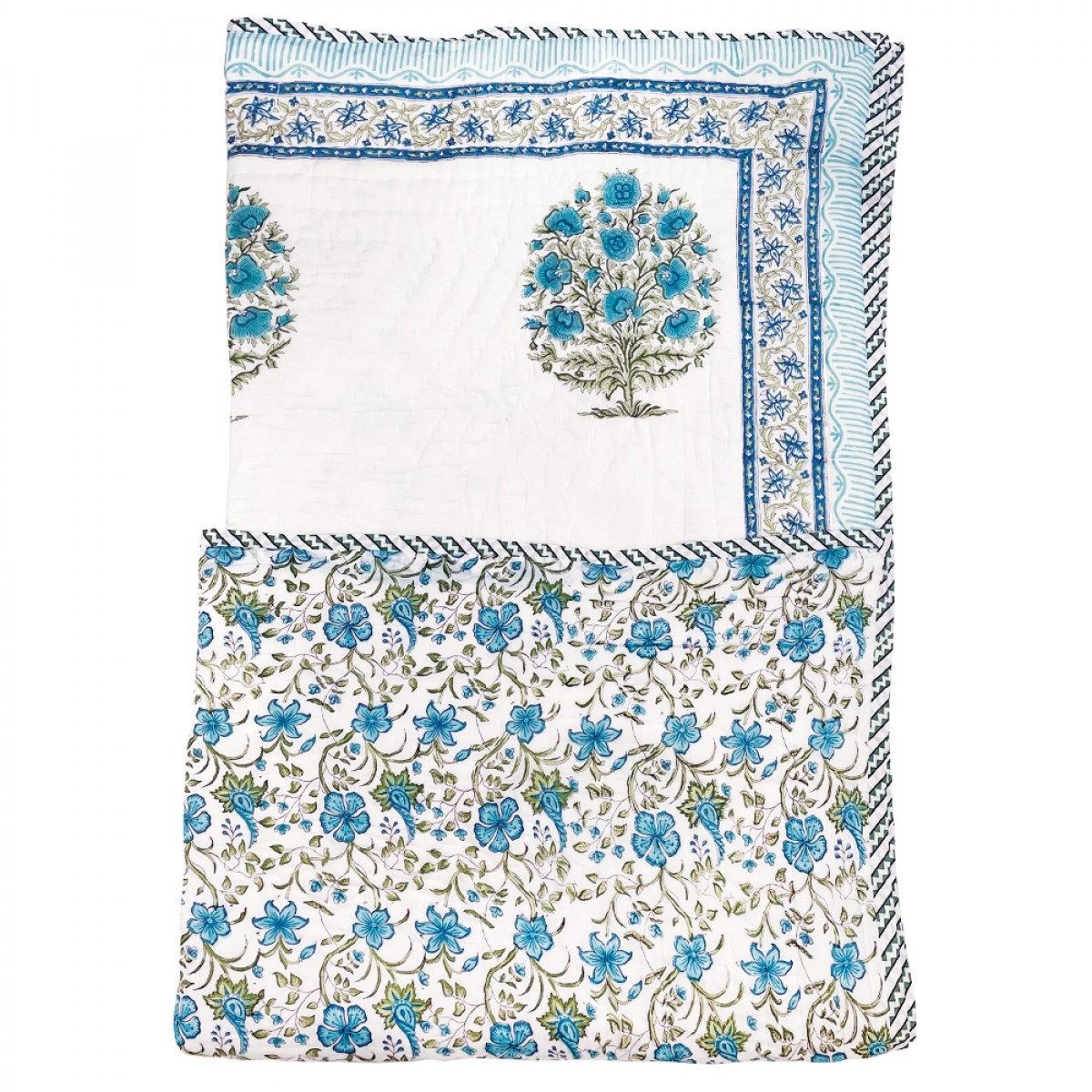 100% Cotton Block Printed King Size Quilts - Turquoise Flower