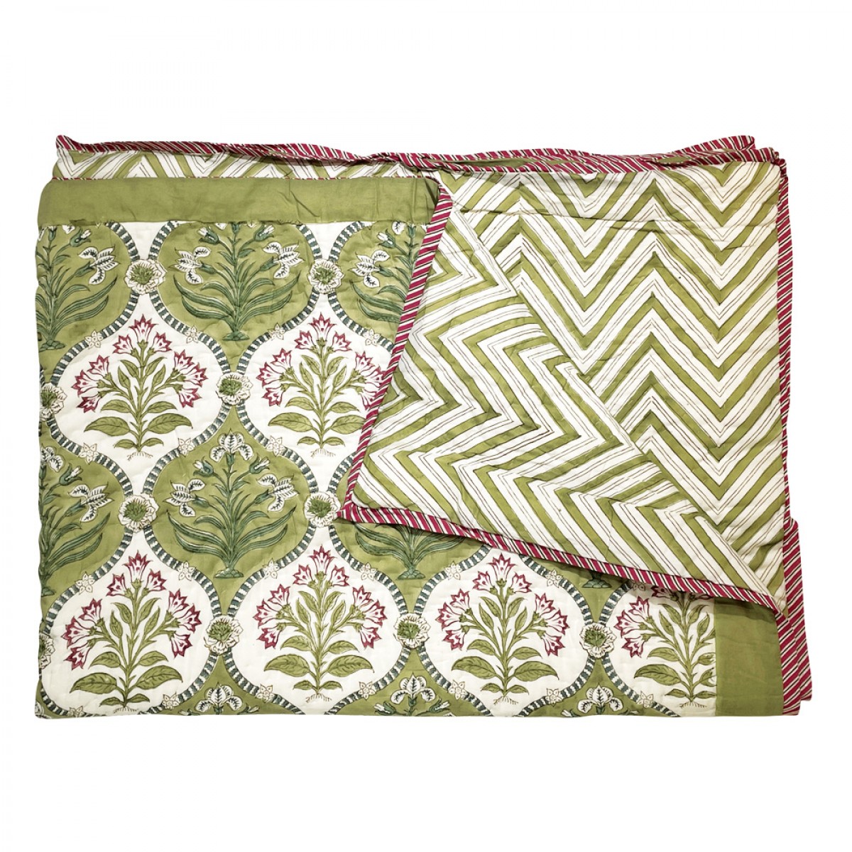 100% Cotton Block Printed Quilts - Garden Green (Single Size)