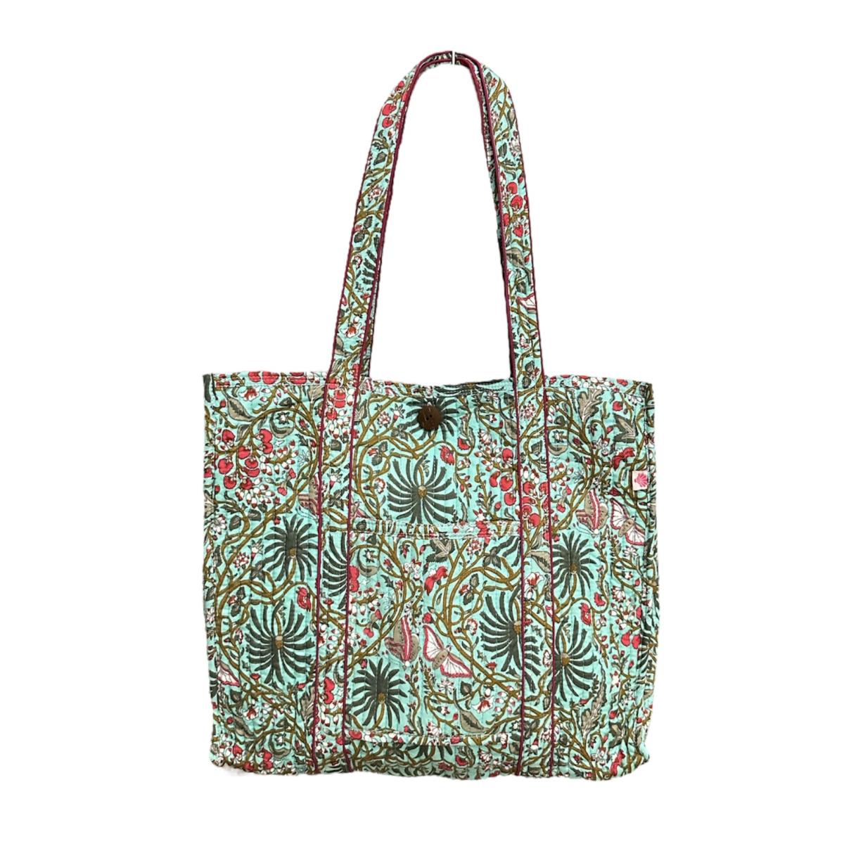 Block Printed Cotton Quilted Bag - Ice Green