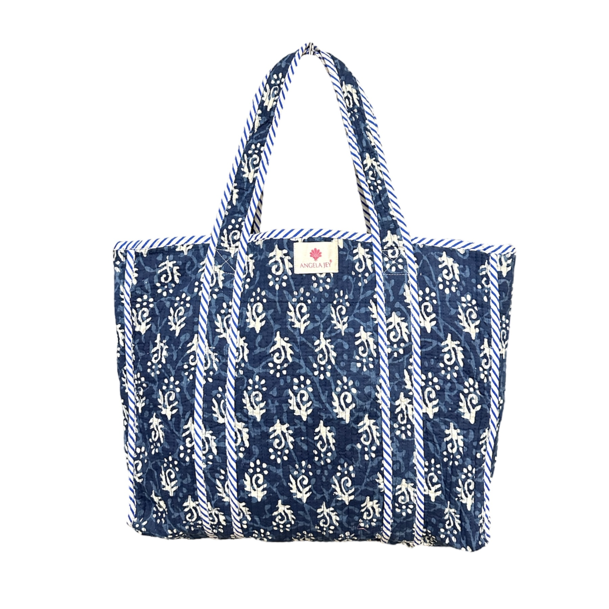 Block Printed Cotton Quilted Bag - English Blue