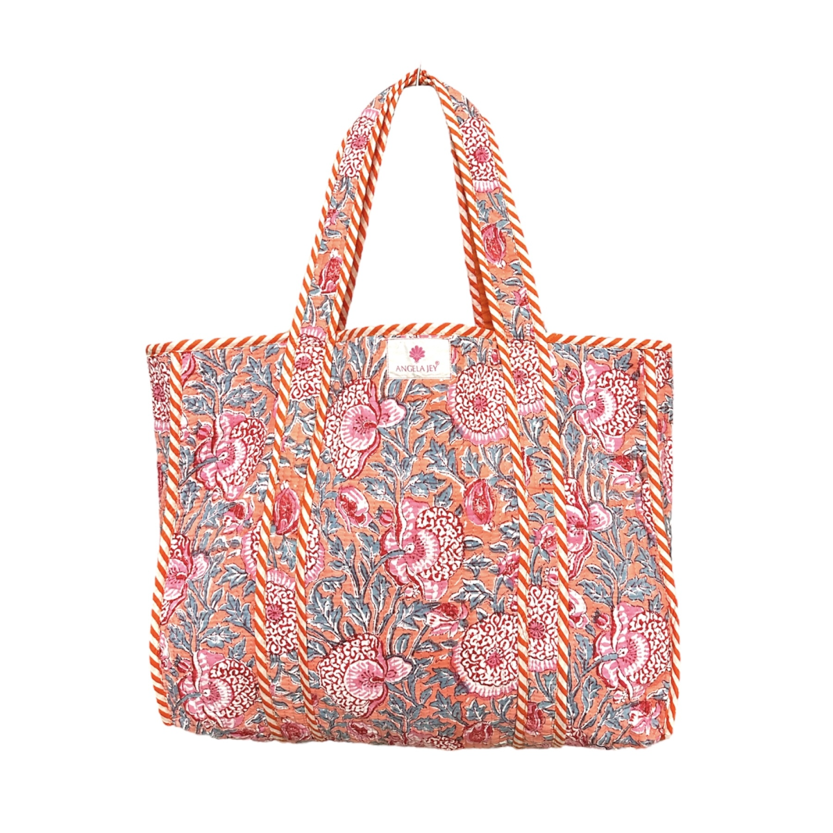 Block Printed Cotton Quilted Bag - Living Coral