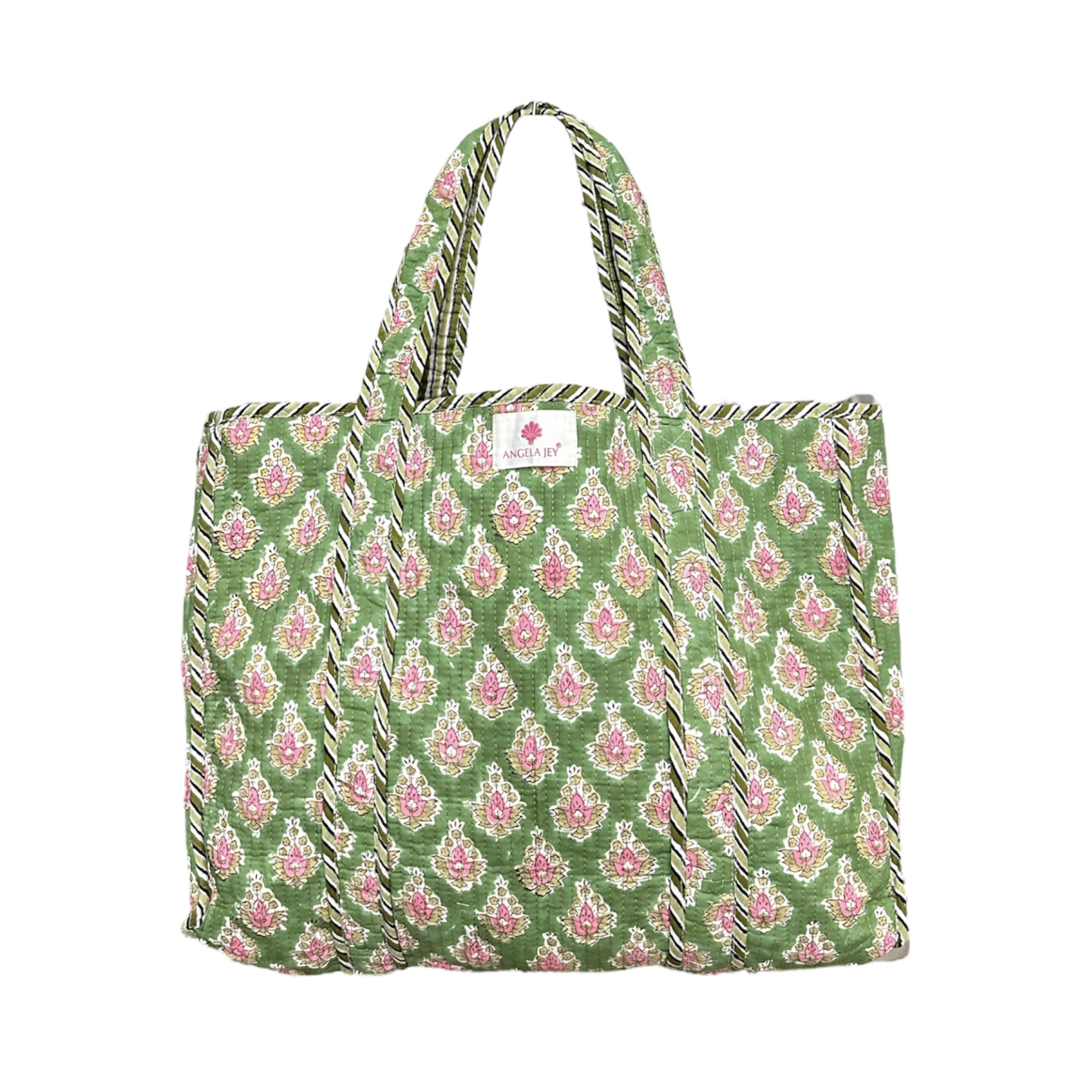 Block Printed Cotton Quilted Bag - Green Tea