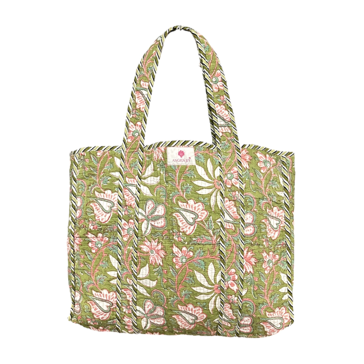 Block Printed Cotton Quilted Bag - Spinach Green