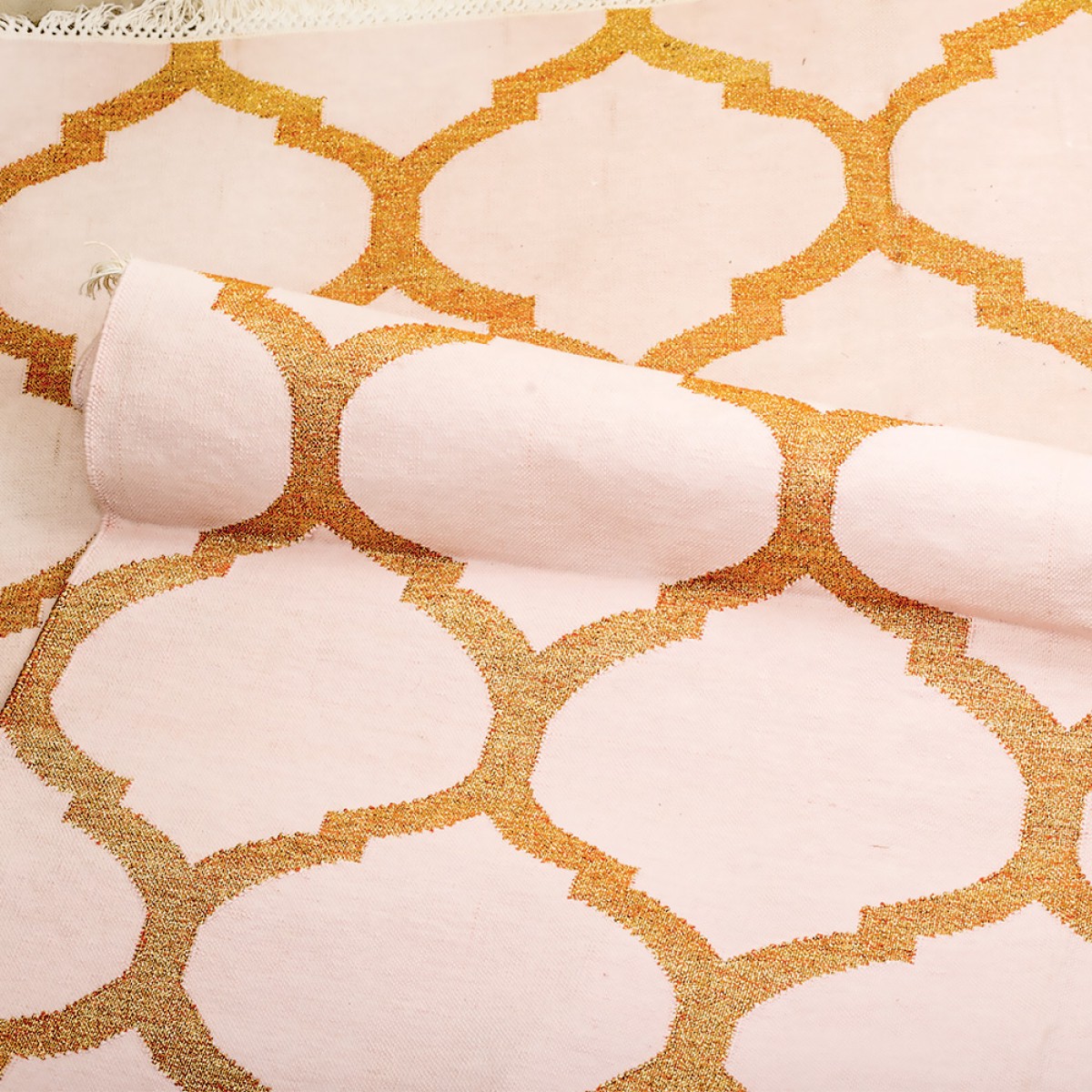 Cotton Floor Rugs - Baby Pink & Gold Zari (Made to Order)
