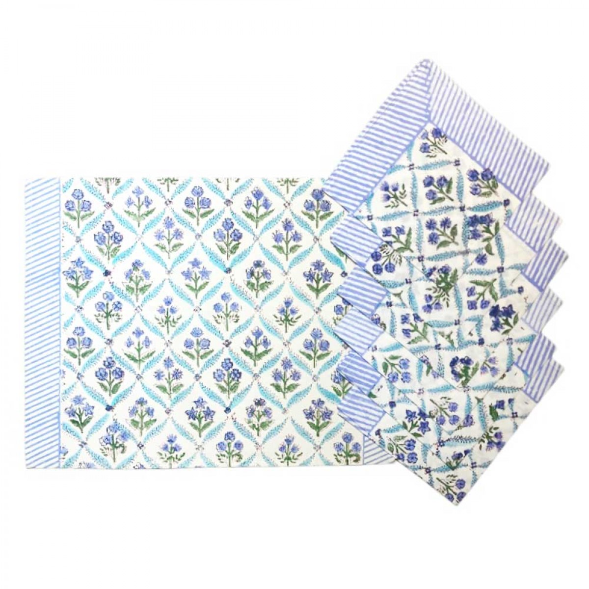 Block Printed Table Mat & Napkin Set - Blue (set of 6) 