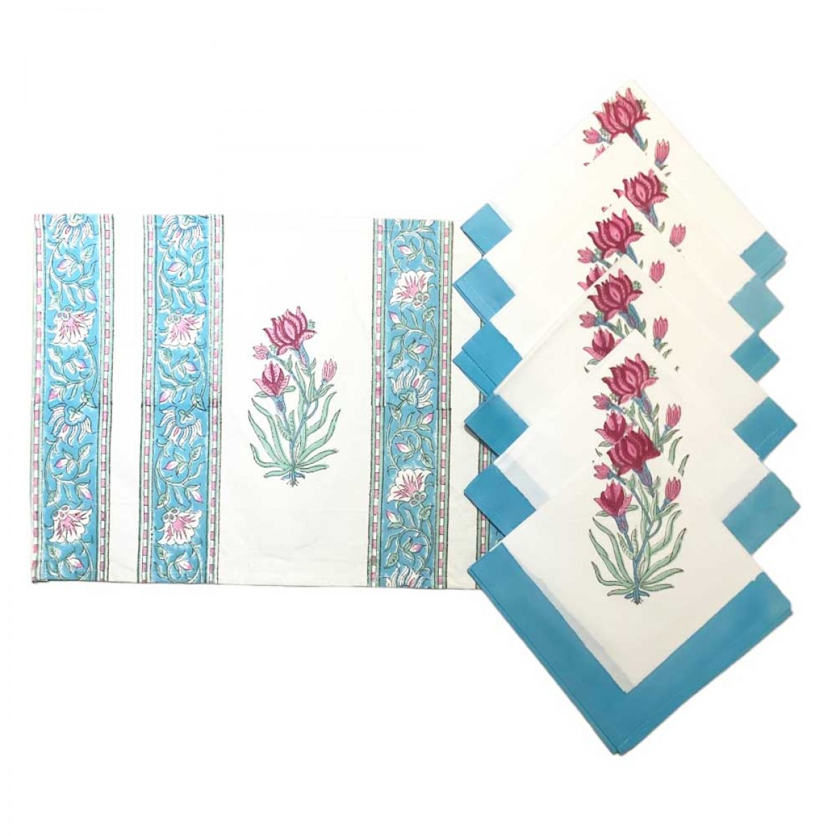 Block Printed Table Mat & Napkin Set - Turquoise (set of 6) 